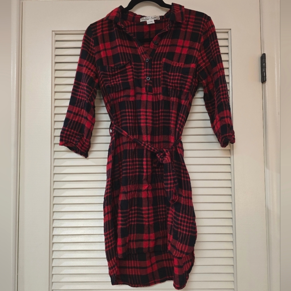 Sans Souci - Plaid ¾-Sleeve Shirt Dress With Waist Belt & Pockets